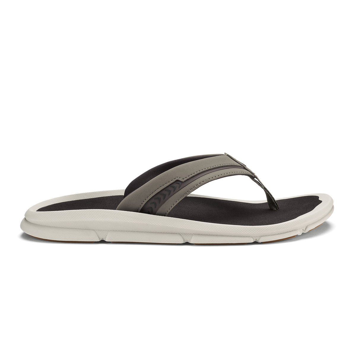 Thong sandal with gray fabric strap, black footbed, and white cushioned sole.