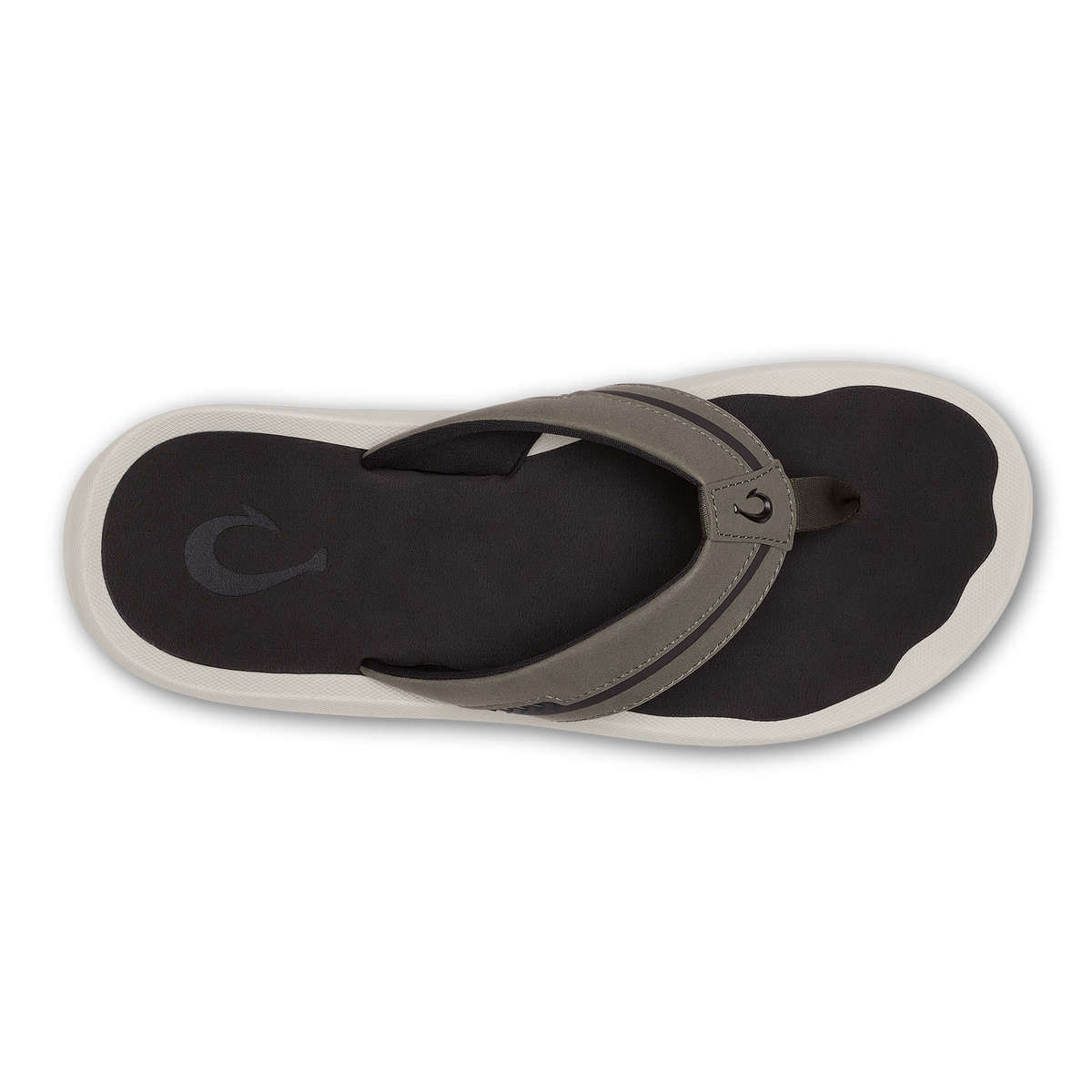 Flip-flop sandal with gray fabric strap across black neoprene upper and cream rubber sole, viewed from above.