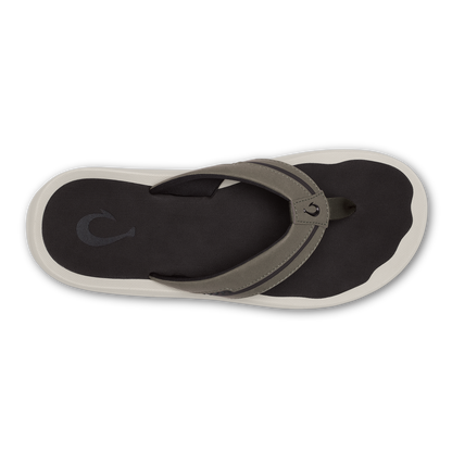 Flip-flop sandal with gray fabric strap across black neoprene upper and cream rubber sole, viewed from above.