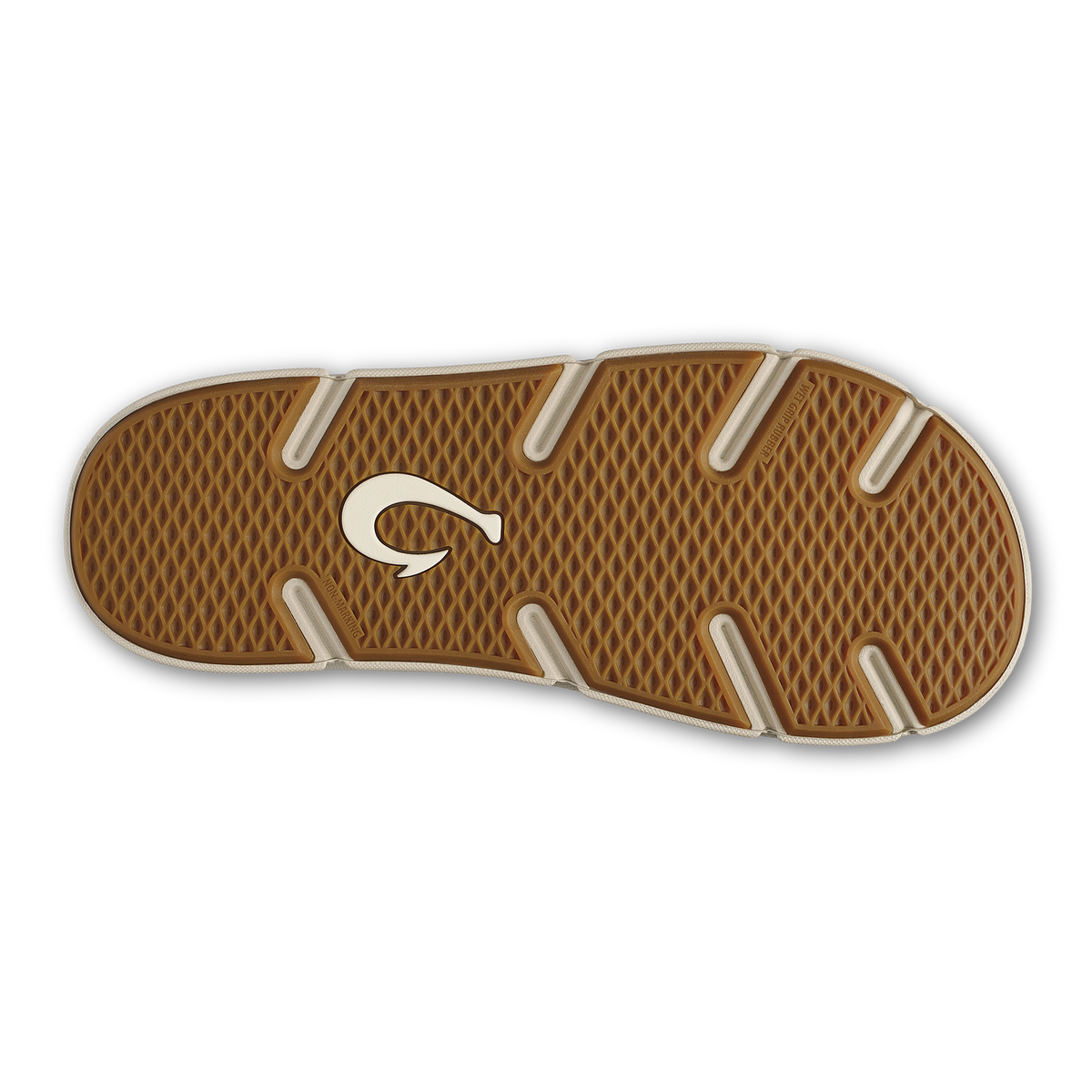 Tan rubber sole with diamond tread pattern and white accent stripes.