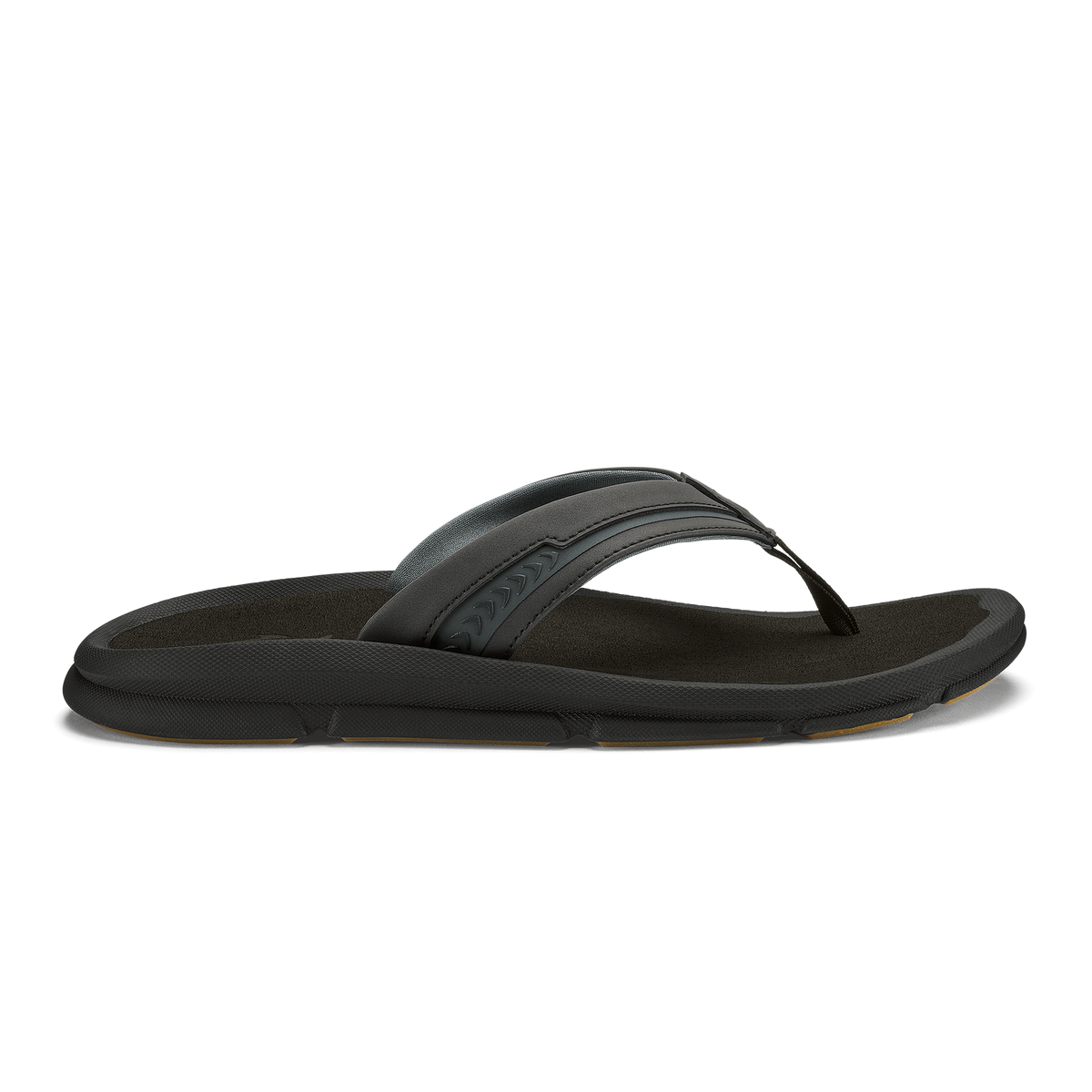 Black flip-flop sandal with textured footbed and padded toe strap.