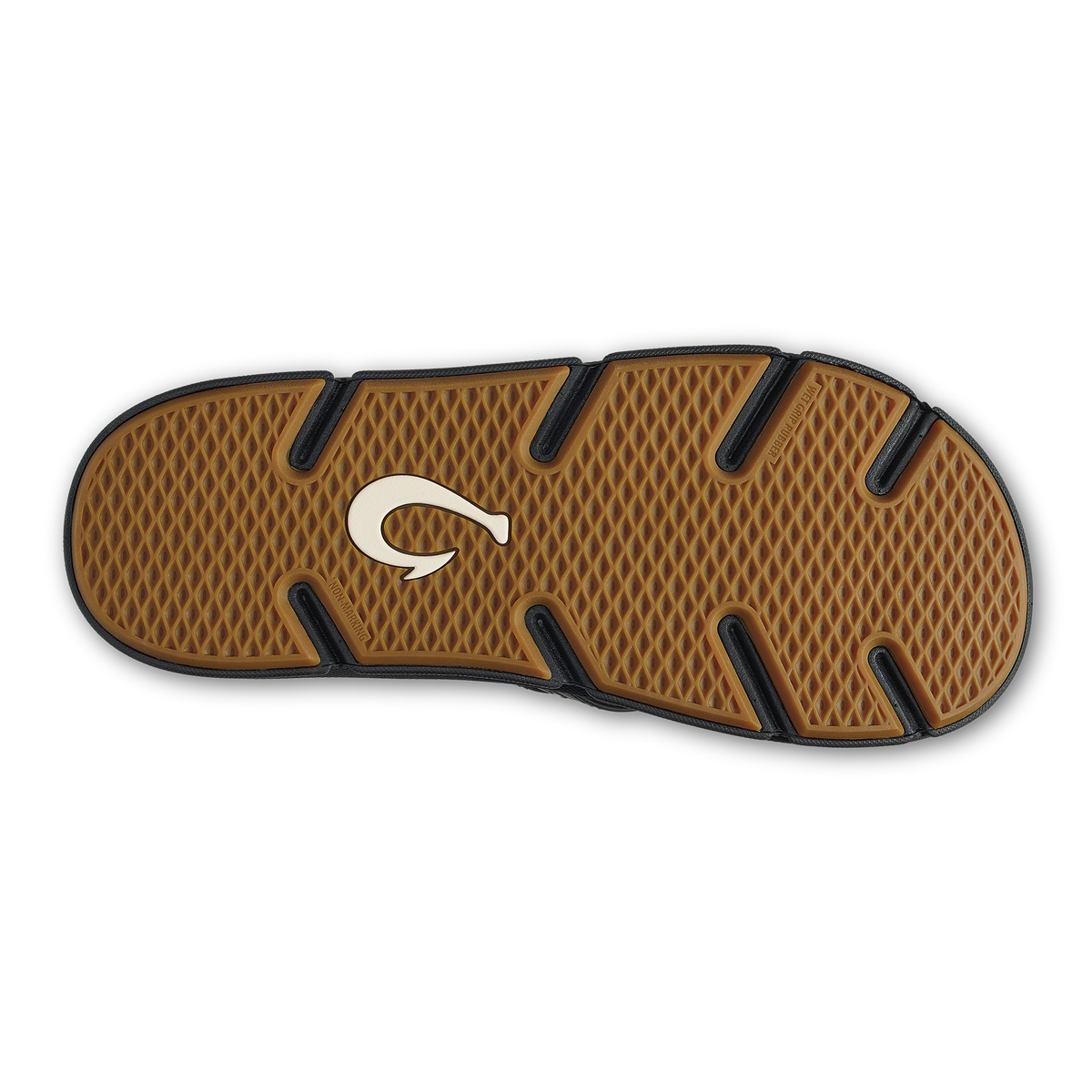 Black and tan shoe sole with textured diamond pattern and black curved straps.