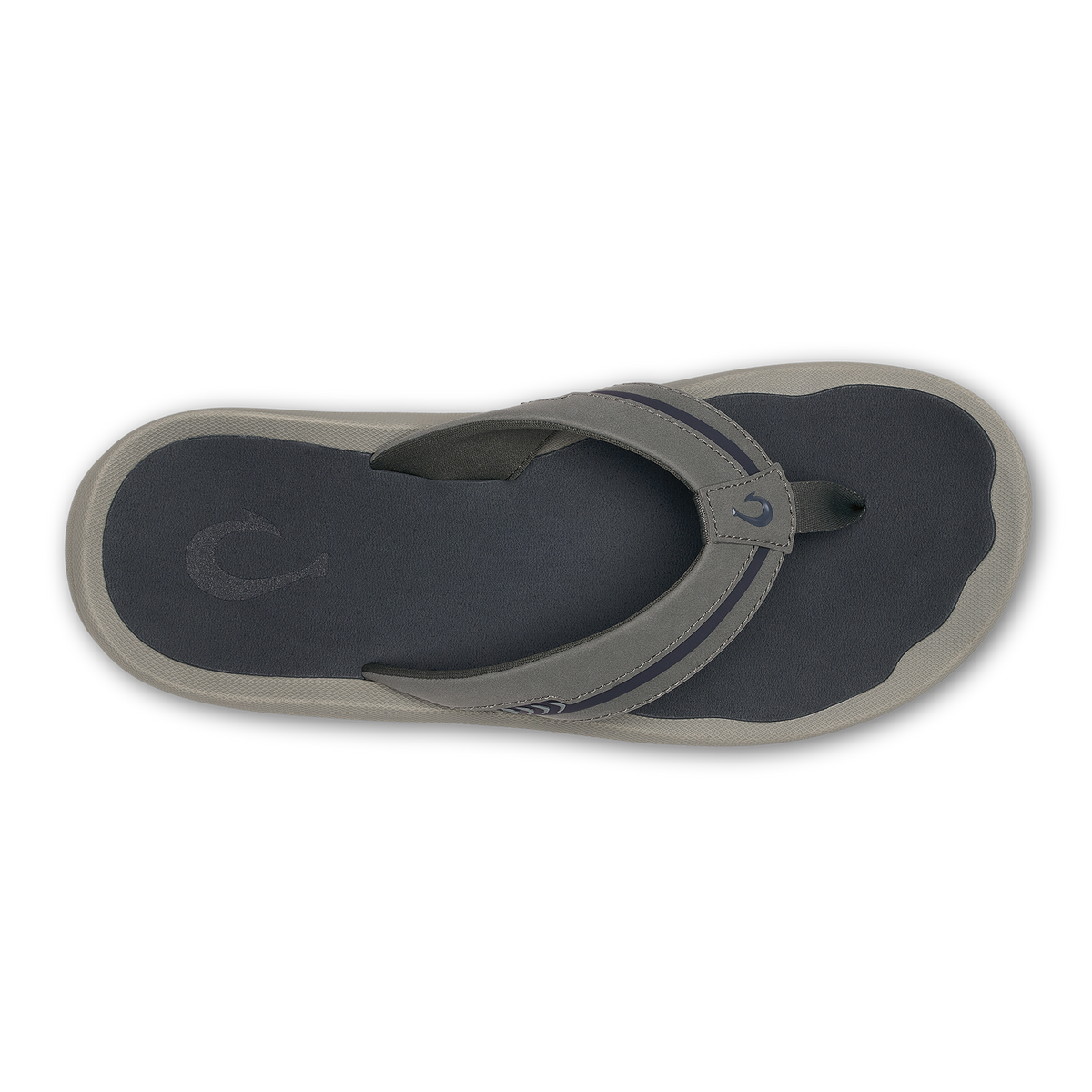 Dark navy and gray thong sandal with adjustable toe strap and cushioned footbed, viewed from above.