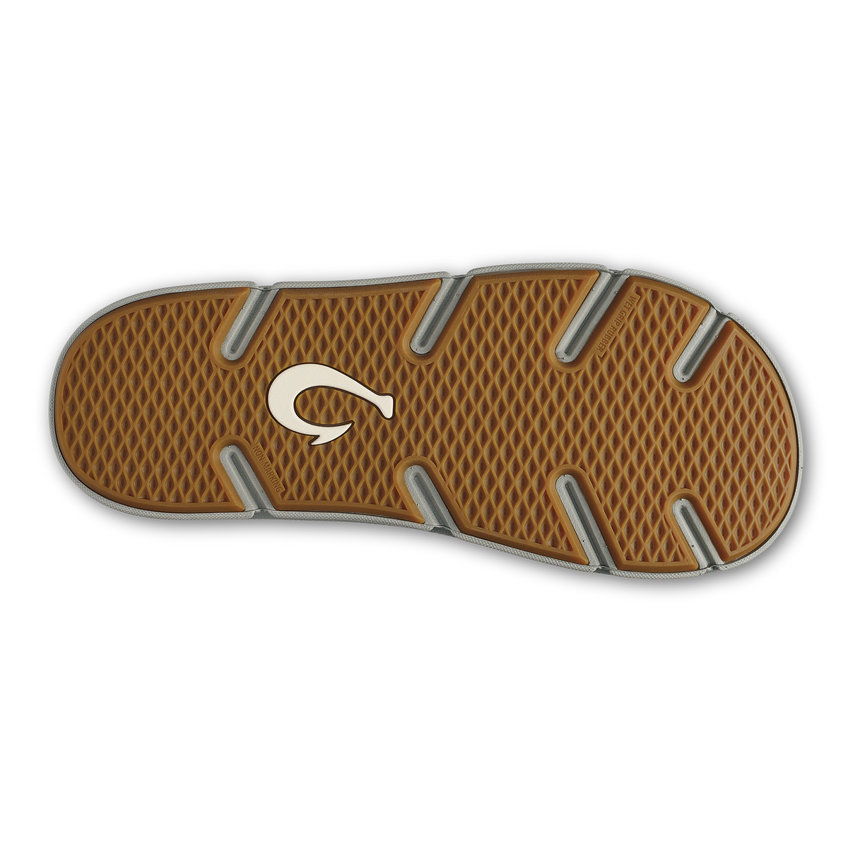 Tan shoe sole with diamond tread pattern, gray stripe accents, and white logo emblem.