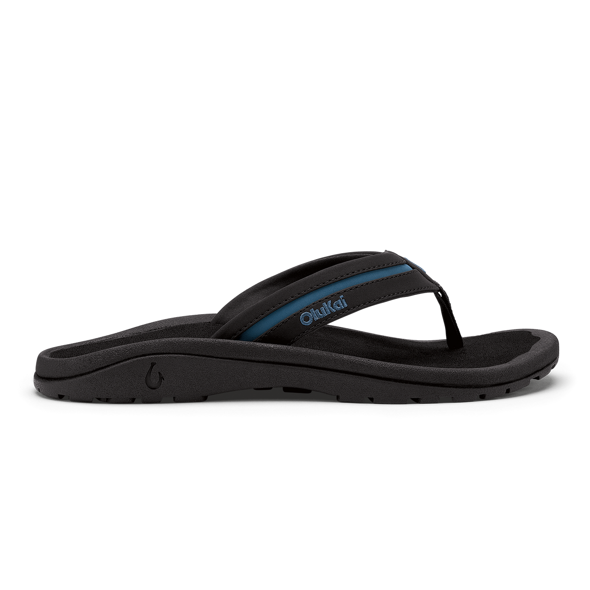 Black and slate blue flip-flop sandal with cushioned sole and thong strap design.