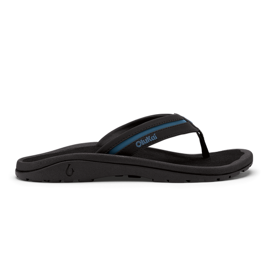 Black and slate blue flip-flop sandal with cushioned sole and thong strap design.