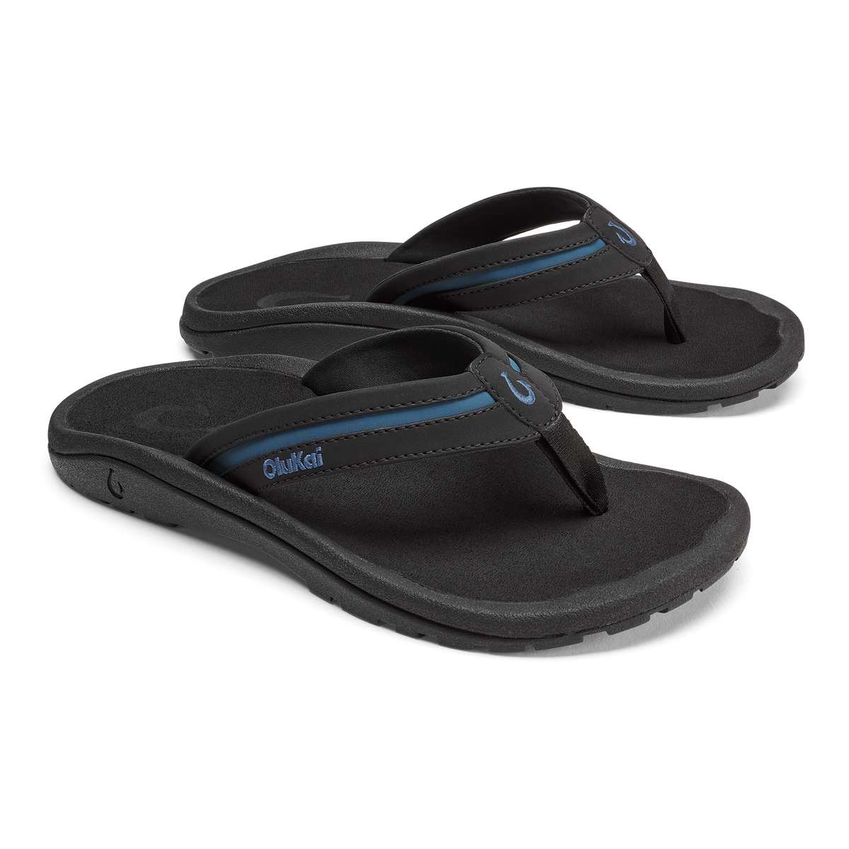 Pair of black thong sandals with slate blue accent stripes and foam footbeds.