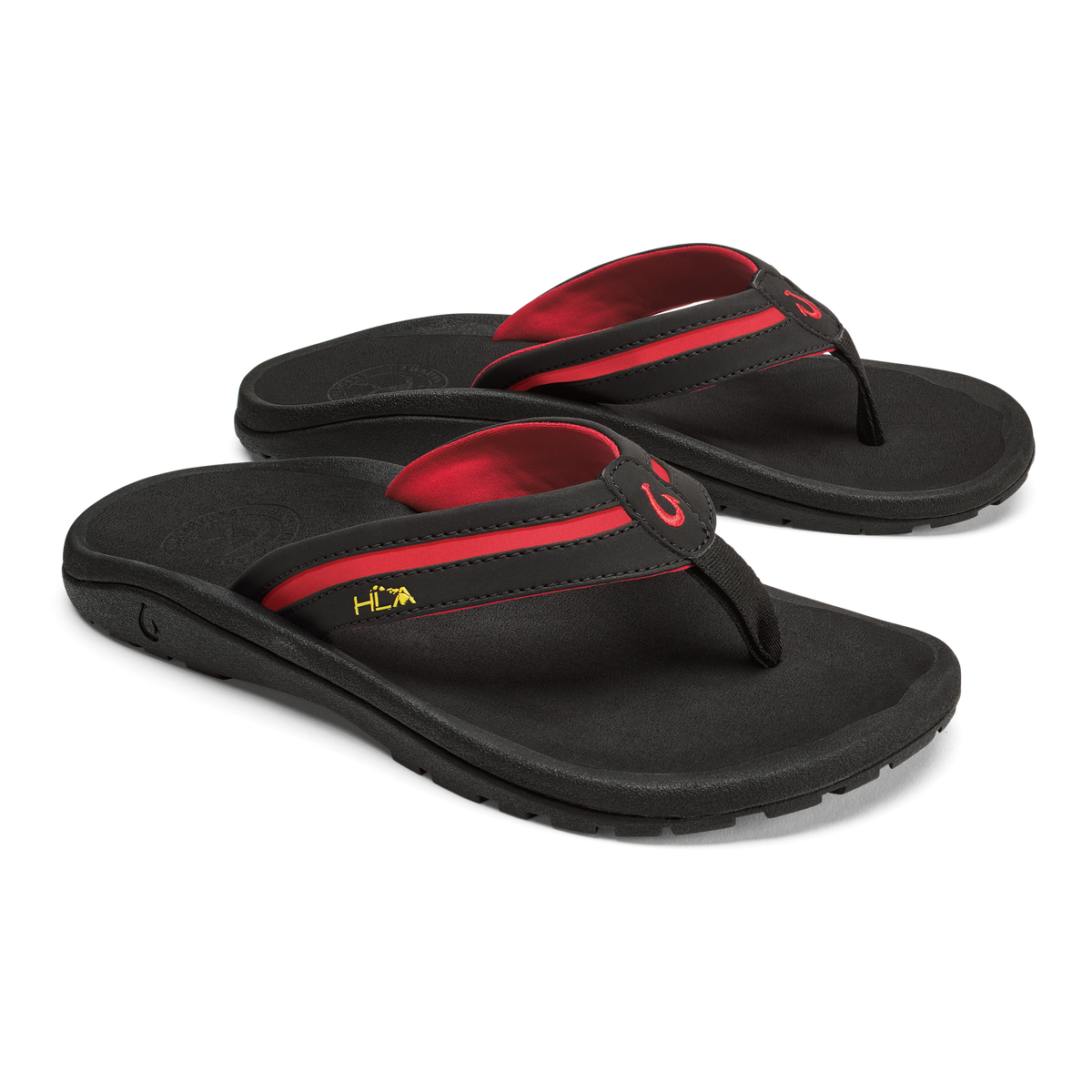 Pair of black flip-flops with red straps and red inner lining.