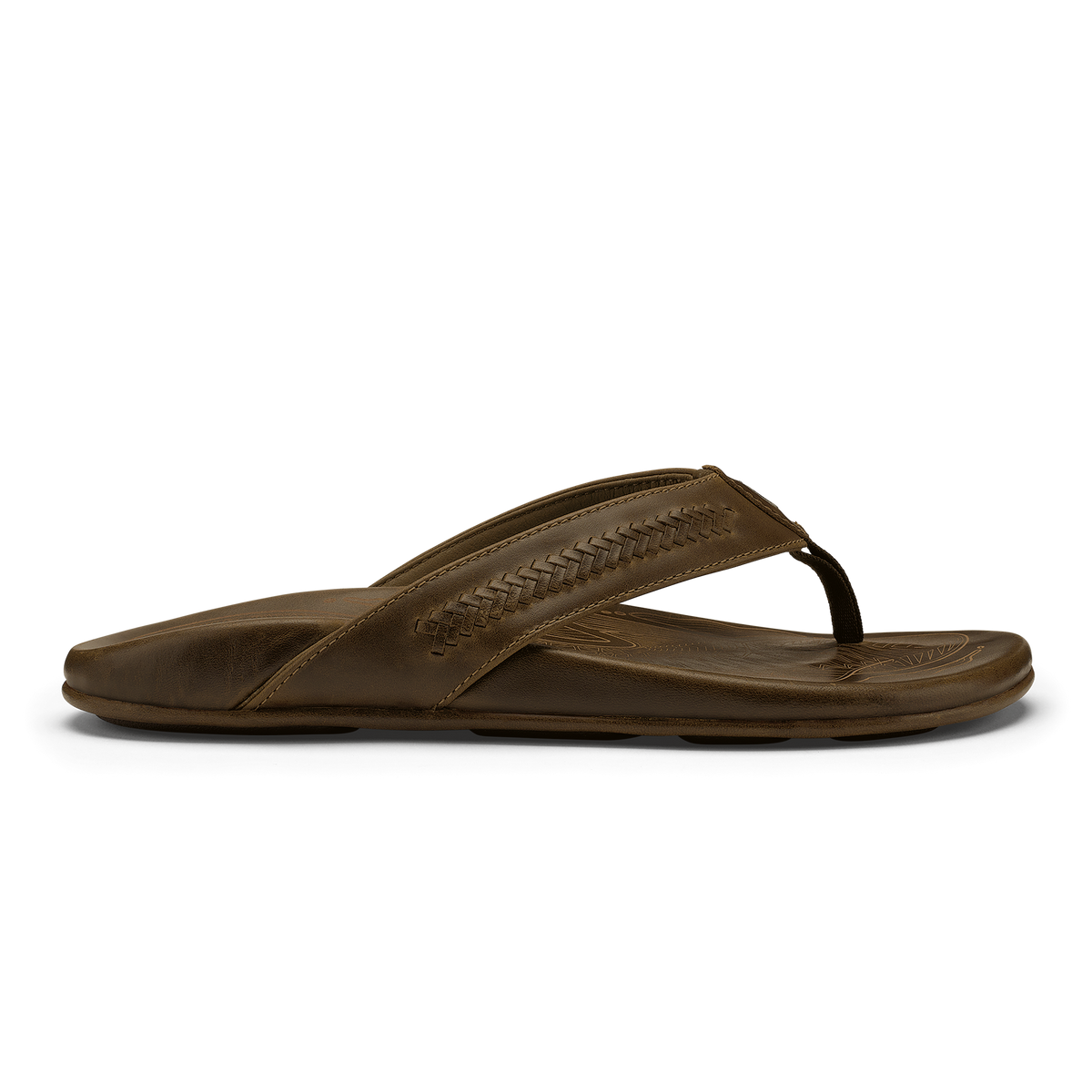 Tan leather flip-flop sandal with woven strap detail and contoured footbed, shown from the side.