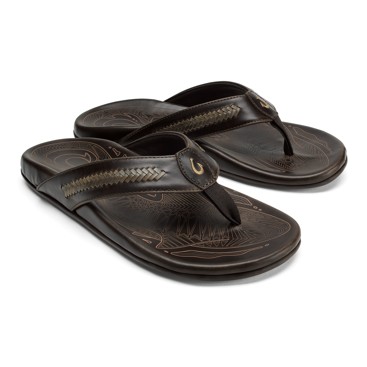 Dark brown leather flip-flops with woven strap detail and embossed sole pattern, shown as a pair.
