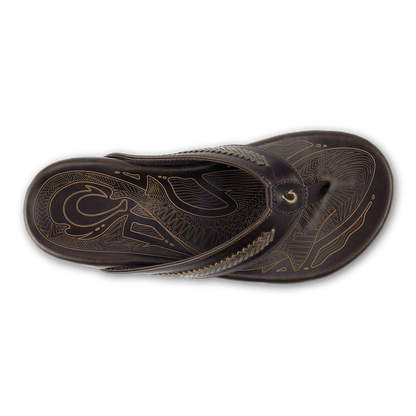 Dark brown leather flip-flop sandal with tan geometric and wave patterns on the sole and upper.