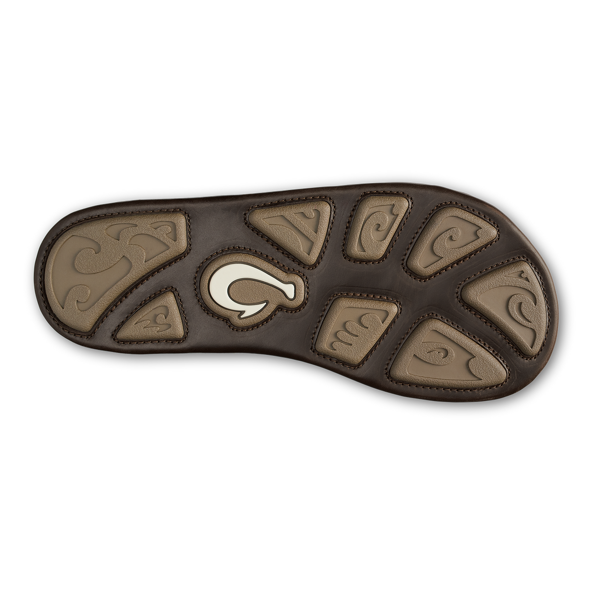 Dark brown leather sandal sole with tan embossed panels and white center strap detail.