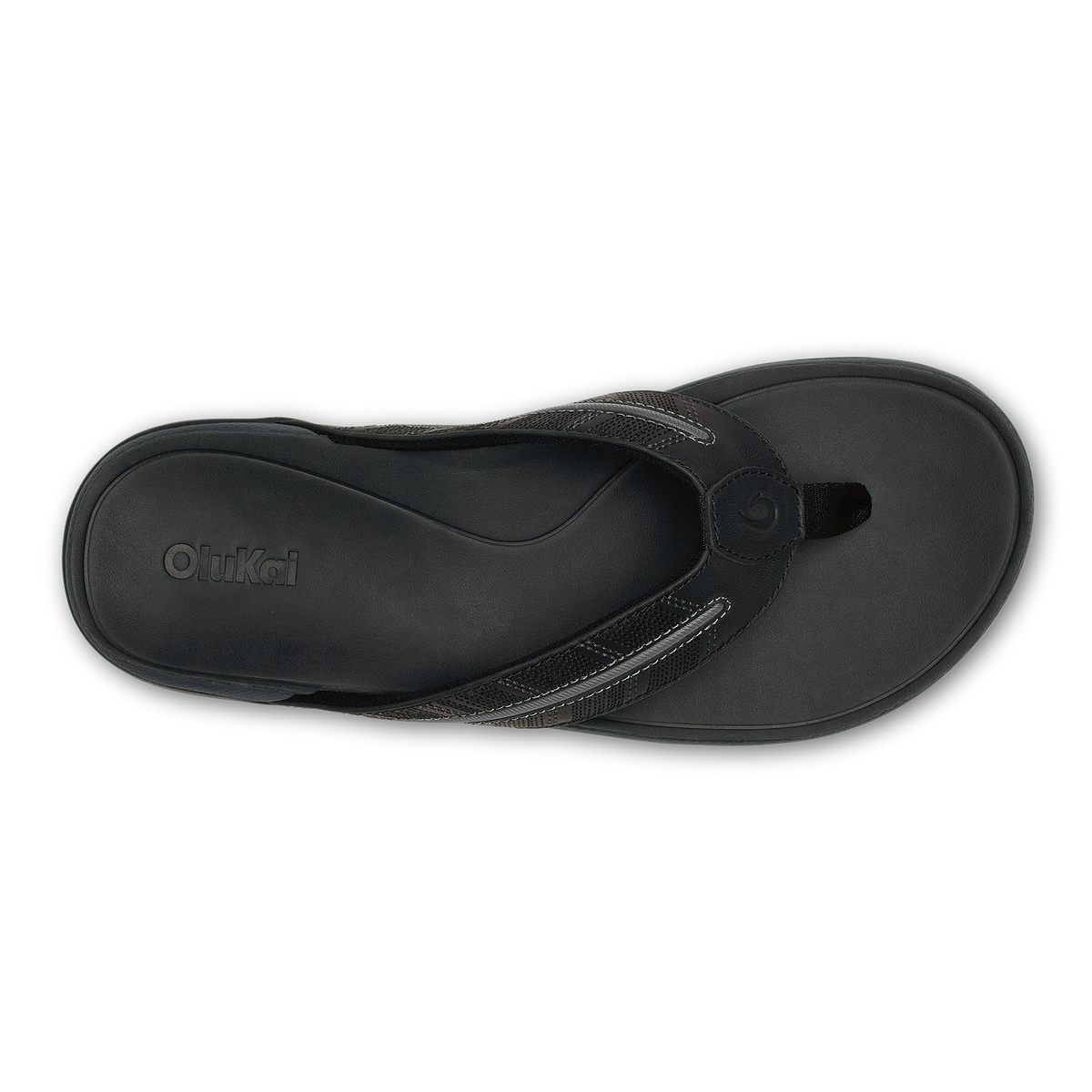 Black thong sandal with textured strap and molded footbed, shown from above.