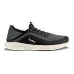 Dark gray and black Olukai Kialoa running shoe with white sole, shown in side profile.