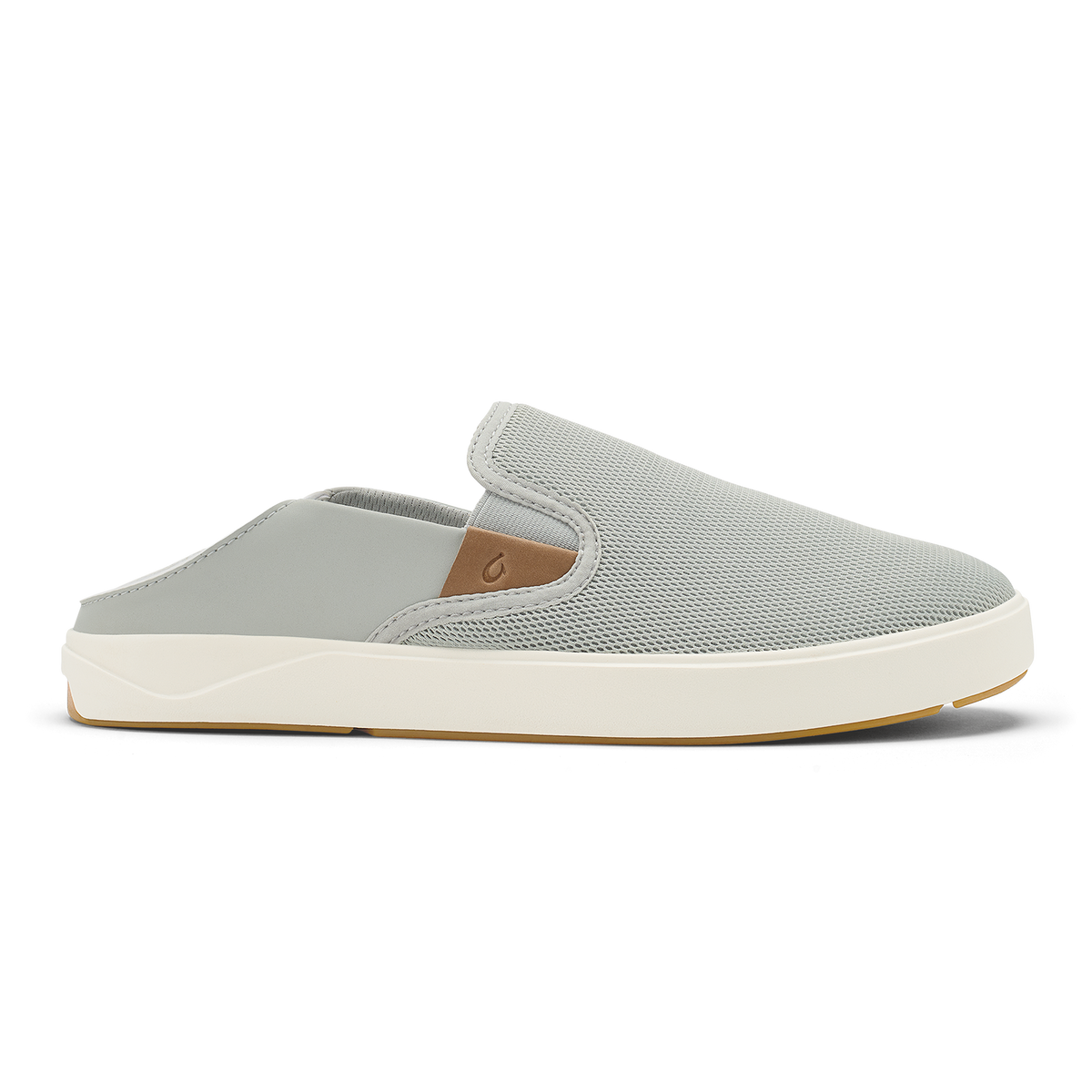Cloud grey and tan slip-on sneaker with textured upper, cream midsole, and tan heel accent.
