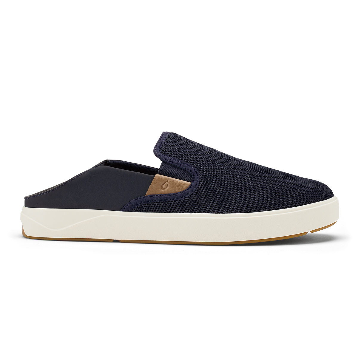 Navy mesh slip-on shoe with tan leather heel patch and cream rubber sole.