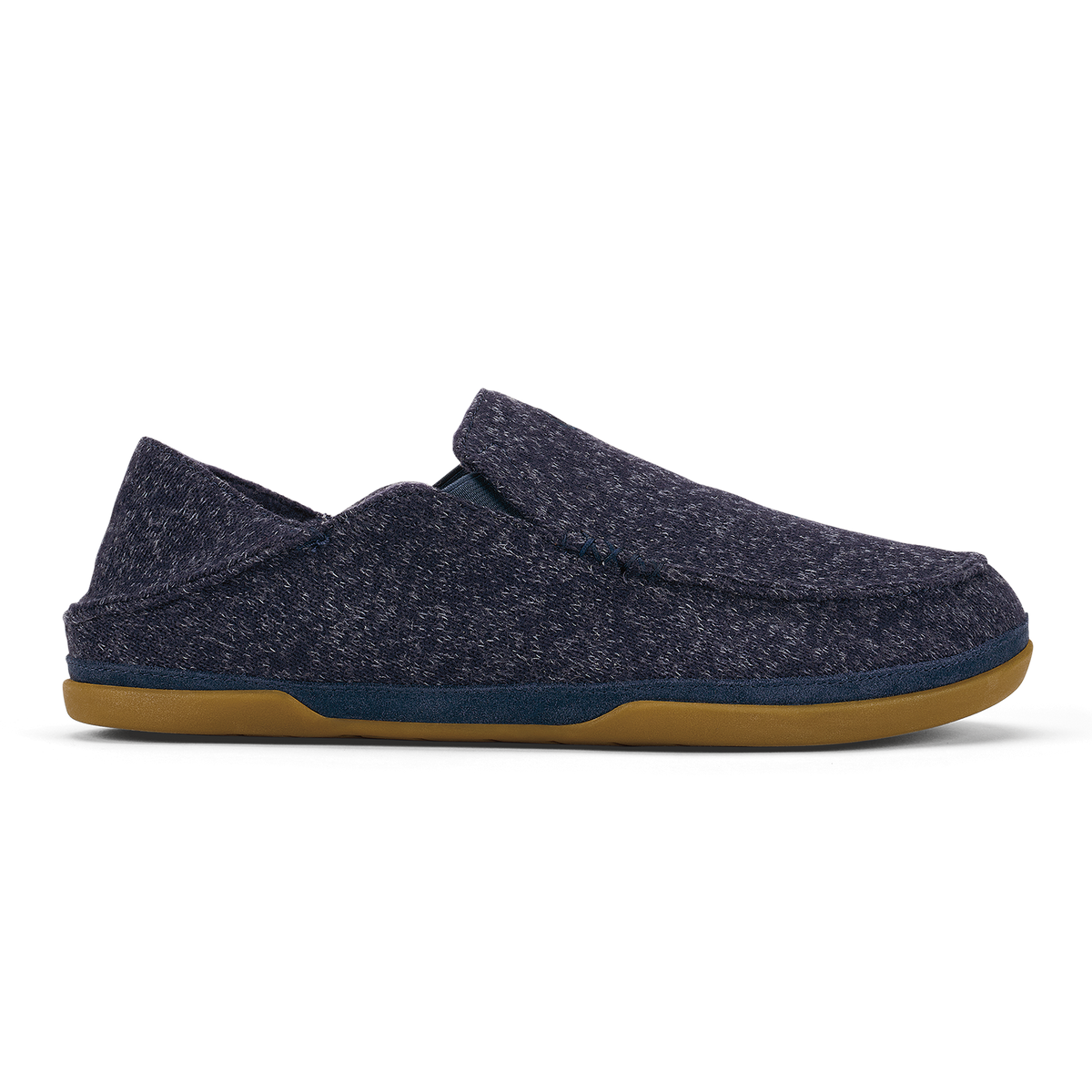 Dark blue heathered slip-on slipper with tan rubber sole and pointed toe design.