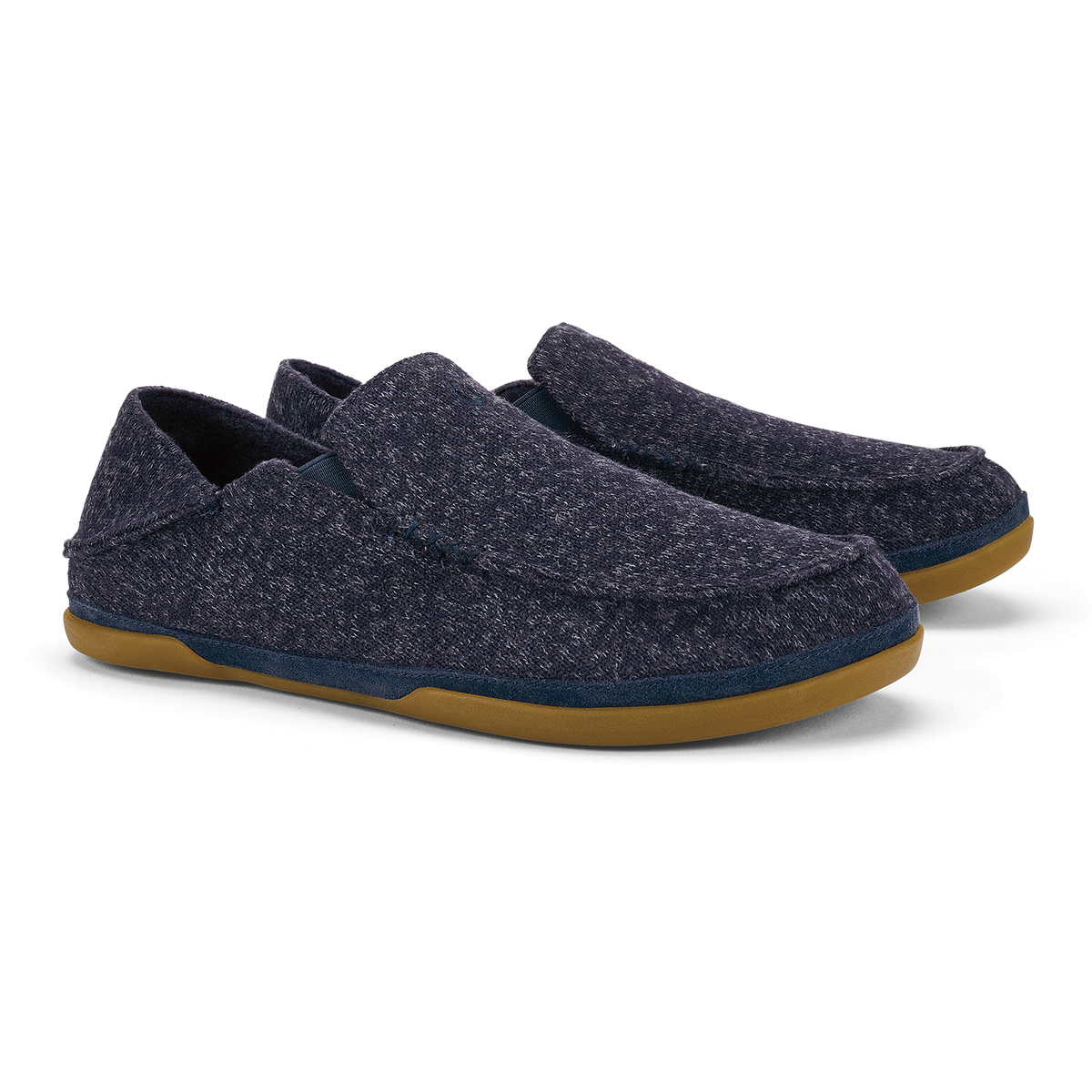 Dark blue heathered slip-on slippers with tan rubber sole and blue stripe accent.