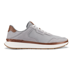 Light grey and brown sneaker with mesh upper, white laces, and cream-colored sole.