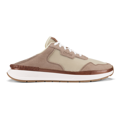 Koke mule shoe with ecru and taupe grey colorblocking, white laces, and white sole.