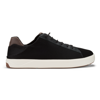 Black mesh lace-up sneaker with white sole and brown heel counter, shown in profile view.