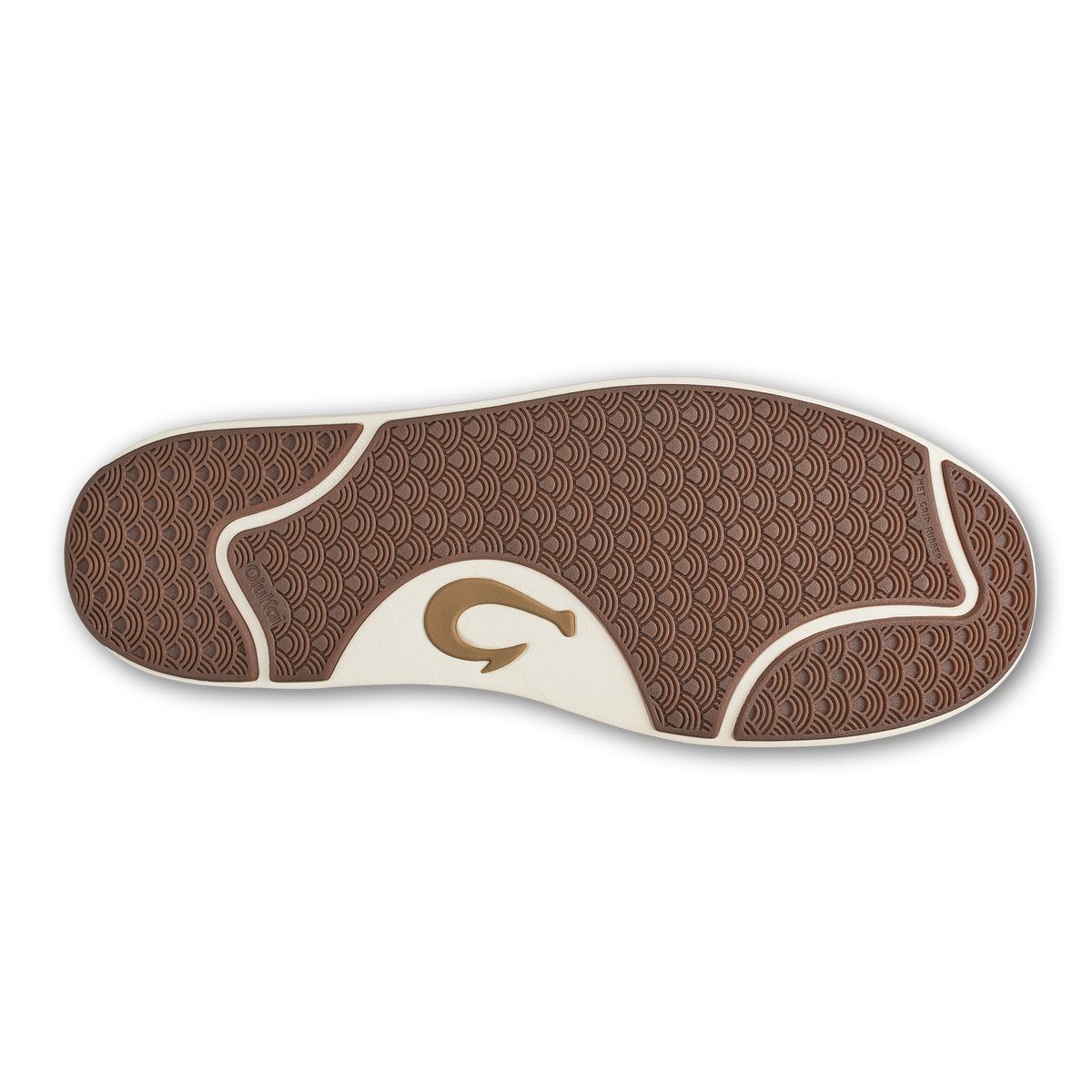 Shoe sole with brown textured pattern, cream center section, and brown logo detail.
