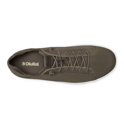 Walnut canvas high-top sneaker with white sole and lace-up closure, shown from above.