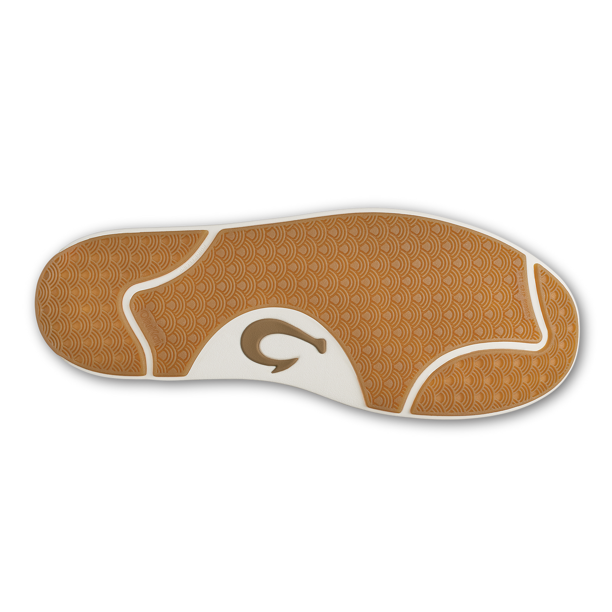 Shoe sole with white and tan geometric pattern featuring a wave-like logo in the center.