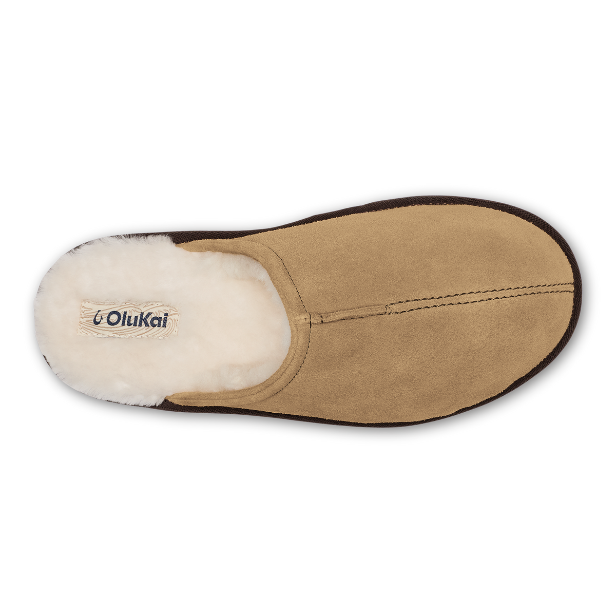 Tan suede slipper with cream fleece lining and dark sole, shown from above.