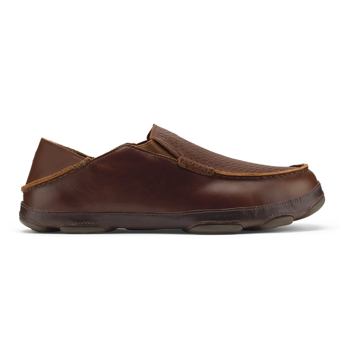 Dark brown leather slip-on loafer with tan accent stitching and cushioned sole.