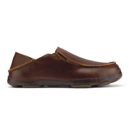 Dark brown leather slip-on loafer with tan accent stitching and cushioned sole.