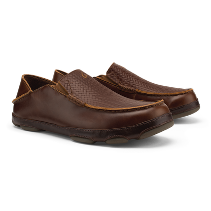 Pair of brown leather slip-on loafers with woven upper panels and tan stitching detail.