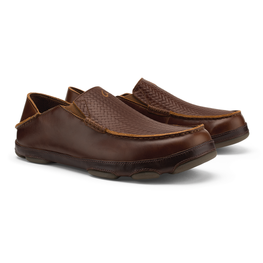 Pair of brown leather slip-on loafers with woven upper panels and tan stitching detail.