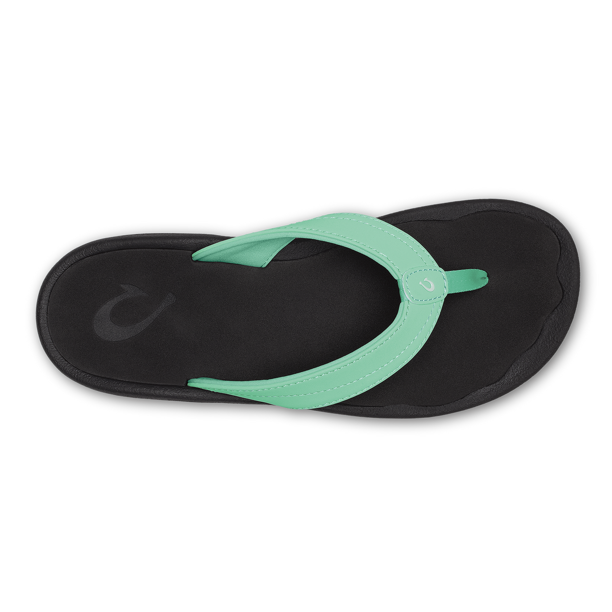 Flip-flop with mint green thong strap and black sole, viewed from above.