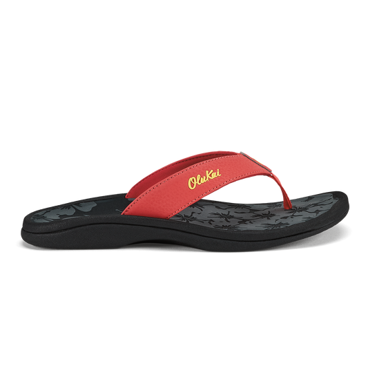 Red and black flip-flop sandal with "Ohana" script branding on the strap.