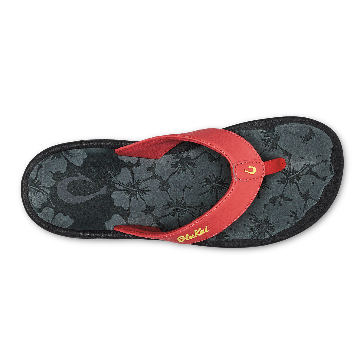 Red flip-flop with black floral-patterned footbed and gold script branding on the strap.