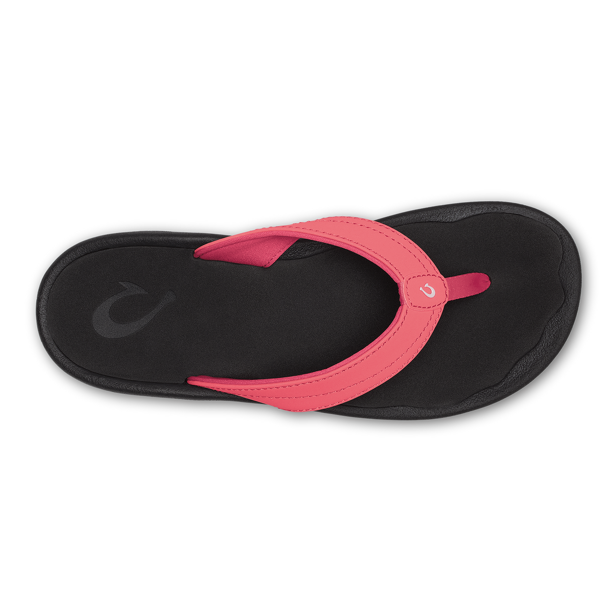 Flip-flop sandal with hot pink thong strap and black sole, viewed from above.