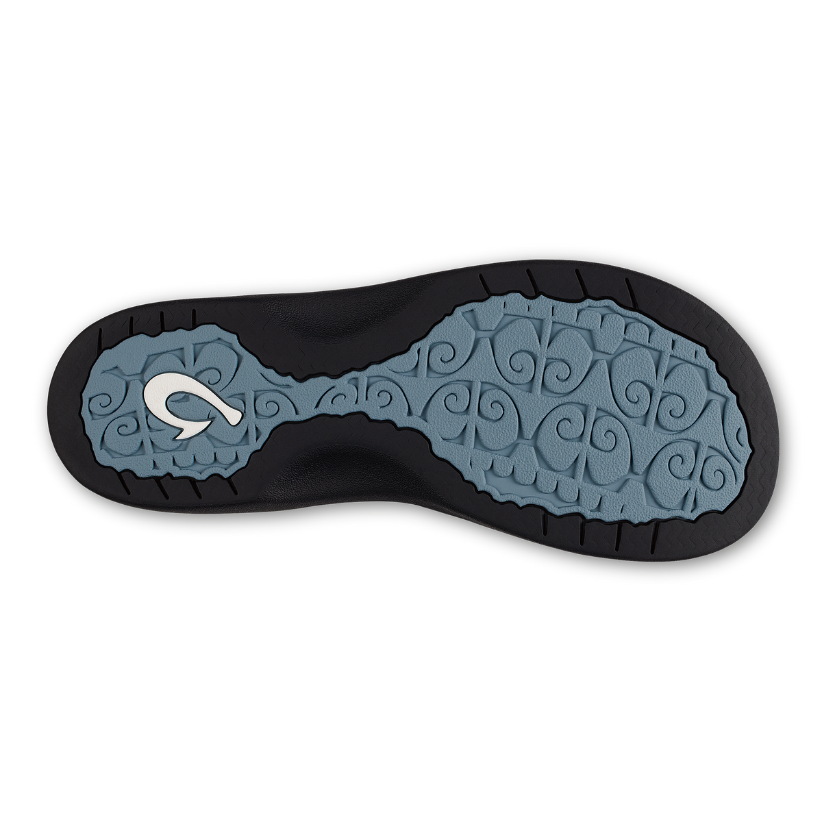 Shoe sole with black rubber border and blue-gray textured center featuring white logo.