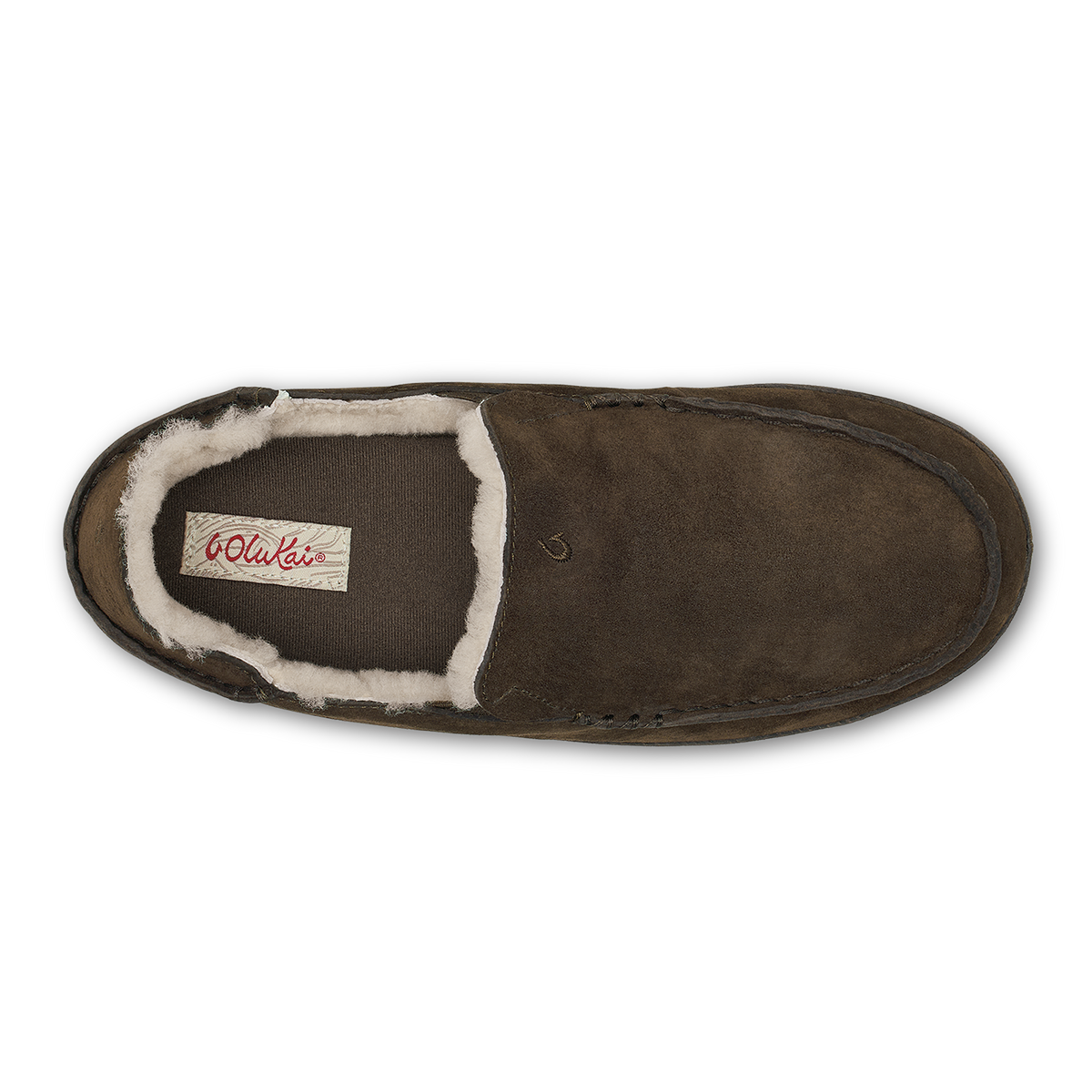 Dark oak suede slipper with cream fleece lining, shown from above.