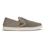 Taupe grey slip-on shoe with textured mesh upper, leather heel accent, and cream rubber sole.