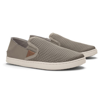 Taupe grey slip-on shoes with textured mesh upper, cream sole, and brown accent panel on heel.