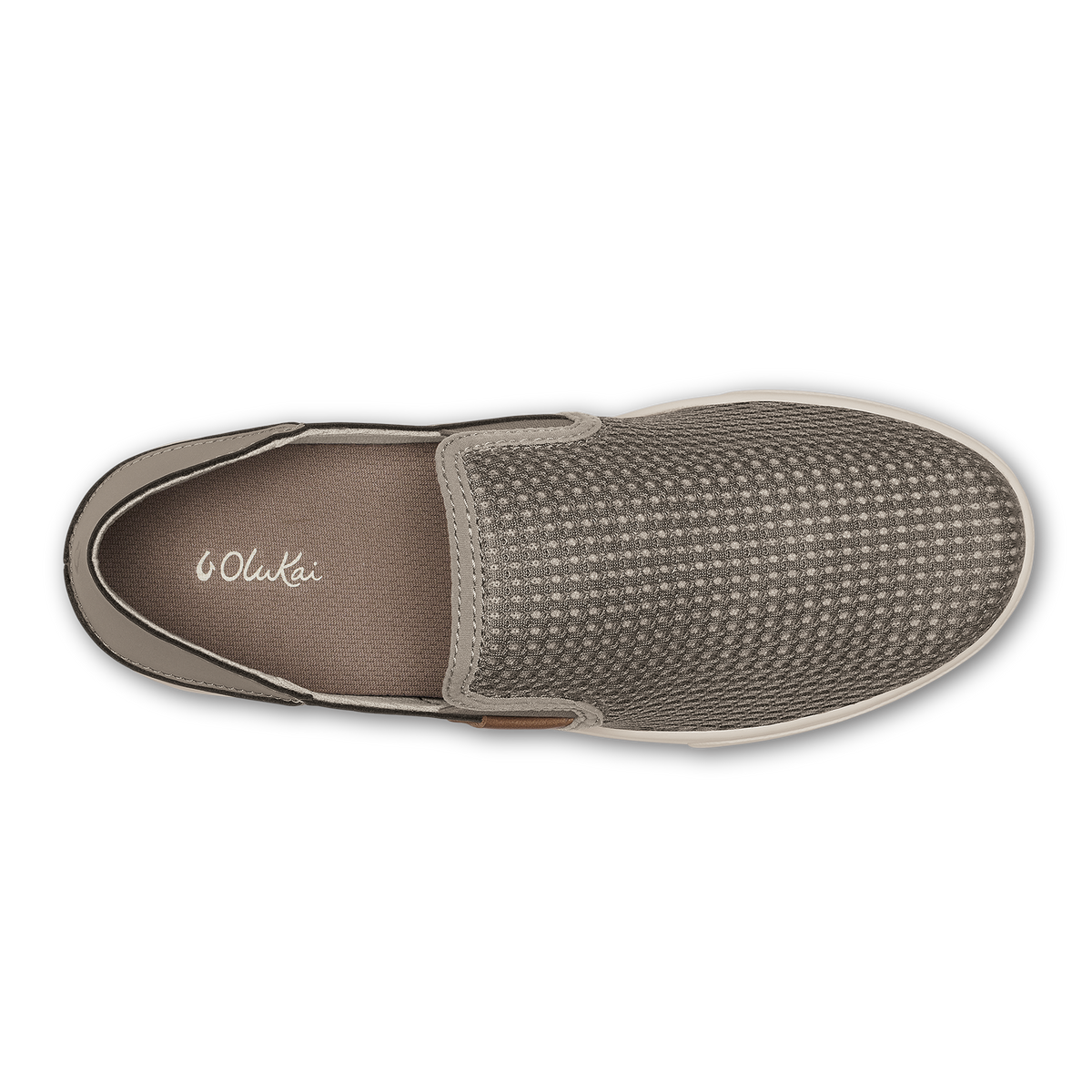 Taupe grey slip-on shoe with textured knit upper and elastic gore detail, shown from above.
