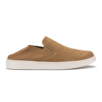 Tan leather slip-on shoe with white rubber sole and stitched detailing.