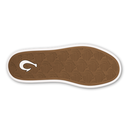 Brown sole of black leather shoe with white trim and textured tread pattern.