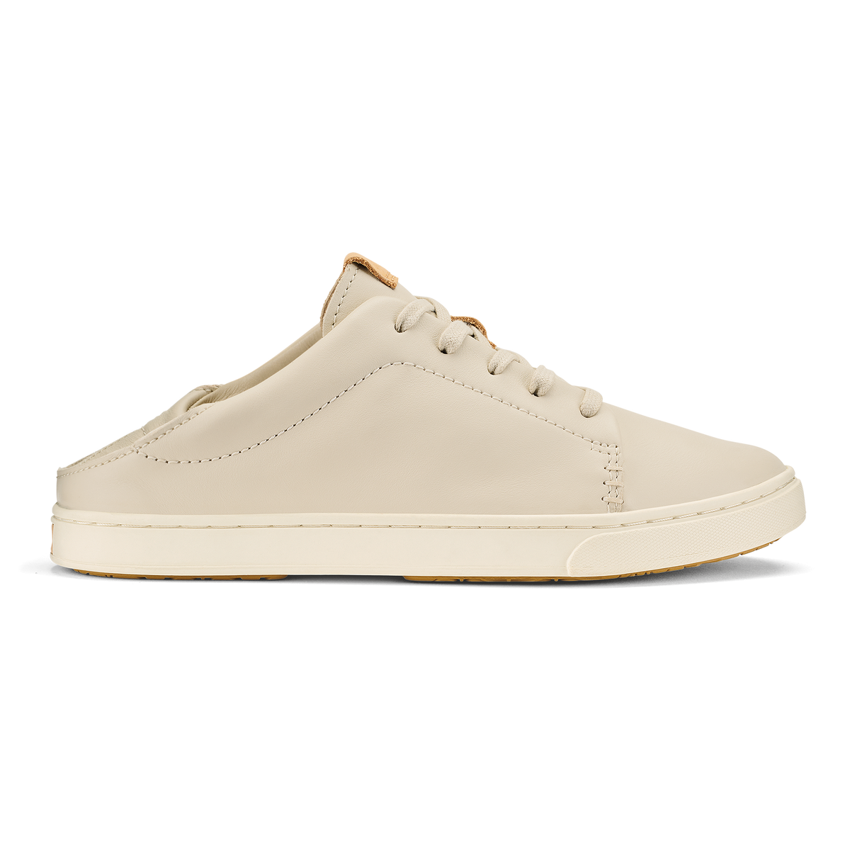 Cream leather slip-on mule with lace-up front, white sole, and tan heel trim.
