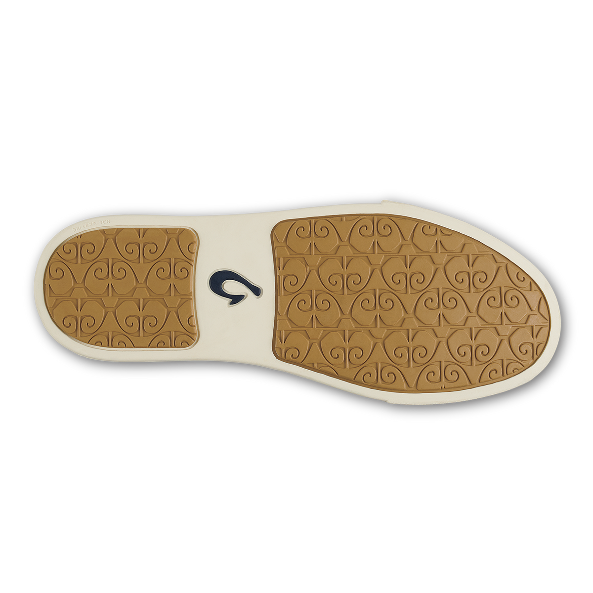 Shoe sole with tan textured pattern, cream-colored border, and small dark hook logo in center.