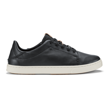 Black leather lace-up sneaker with cream rubber sole, shown in profile view.