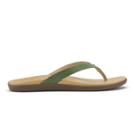 Tan and green thong sandal with curved footbed and contrasting toe strap.