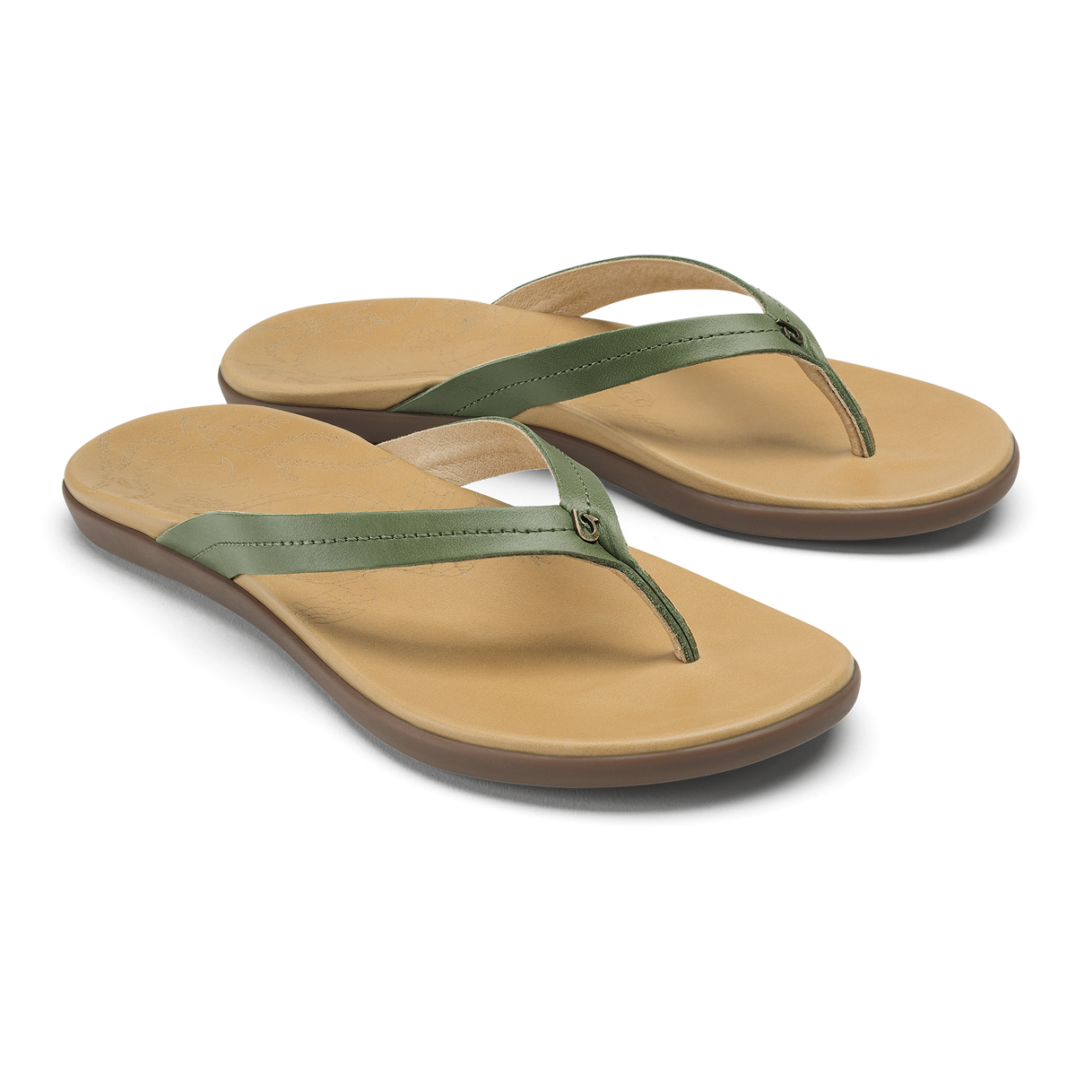Pair of flip-flop sandals with golden sand footbeds and green olive straps.
