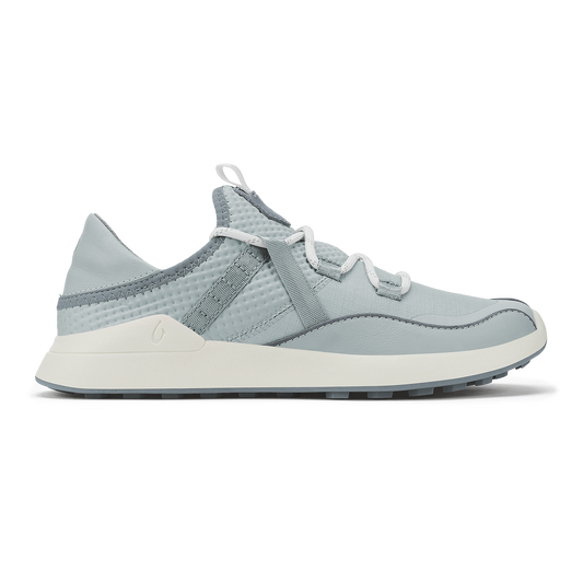 Cloud grey and off-white lace-up sneaker with textured panels and cream-colored sole, shown in profile view.